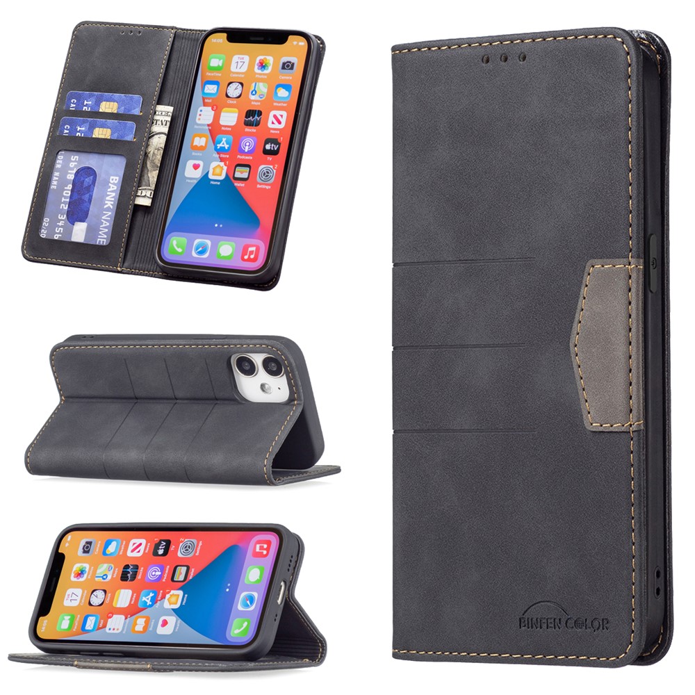 BINFEN COLOR Stand Design Lightweight Splicing Style Flip Phone Covering Shell Wallet TPU+PU Leather Phone Case for iPhone 12 mini 5.4 inch - Black-6