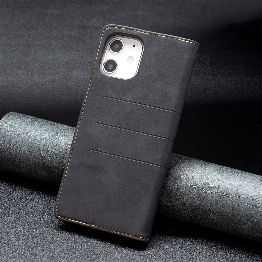 BINFEN COLOR Stand Design Lightweight Splicing Style Flip Phone Covering Shell Wallet TPU+PU Leather Phone Case for iPhone 12 mini 5.4 inch - Black-8