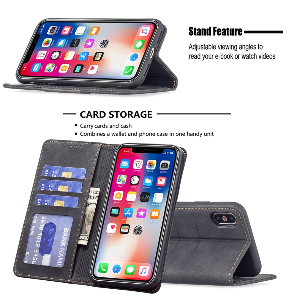 BINFEN COLOR Splicing Design Magnetic Bi-color Flip Phone Covering Shell Wallet Function Stand PU Leather Phone Case for iPhone X / iPhone XS 5.8 inch - Black-2