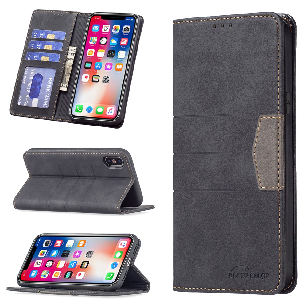 BINFEN COLOR Splicing Design Magnetic Bi-color Flip Phone Covering Shell Wallet Function Stand PU Leather Phone Case for iPhone X / iPhone XS 5.8 inch - Black-6
