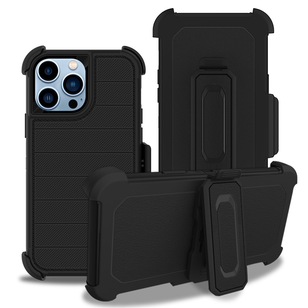 Soft TPU + Hard PC + Polycarbonate 3-in-1 Shockproof Protective Anti-Slip Case with Kickstand Slide Protector Cover for iPhone 13 Pro 6.1 inch - Black-1