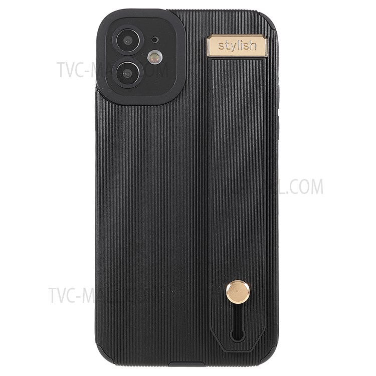 Phone Case Soft TPU and Microfiber Leather Phone Cover with Hand Strap Kickstand for iPhone 11 6.1 inch - Black-2