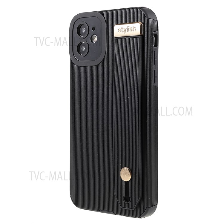 Phone Case Soft TPU and Microfiber Leather Phone Cover with Hand Strap Kickstand for iPhone 11 6.1 inch - Black-3