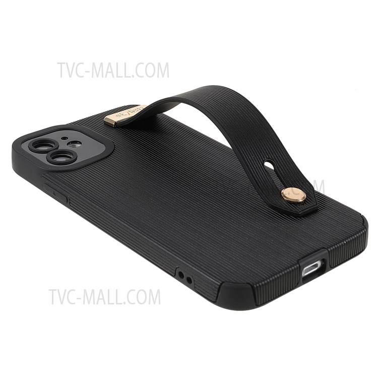 Phone Case Soft TPU and Microfiber Leather Phone Cover with Hand Strap Kickstand for iPhone 11 6.1 inch - Black-4