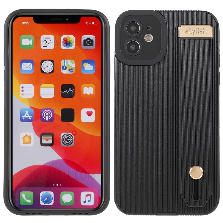 Phone Cover Shell Precise Cutout Design TPU+Microfiber Leather Phone Case with Hand Strap Kickstand for iPhone 12 6.1 inch - Black-1