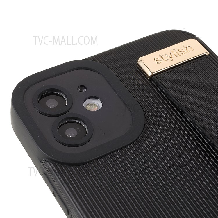 Phone Cover Shell Precise Cutout Design TPU+Microfiber Leather Phone Case with Hand Strap Kickstand for iPhone 12 6.1 inch - Black-6