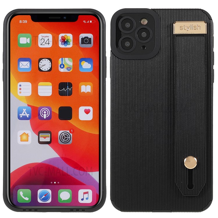 Hand Strap Kickstand TPU+Microfiber Leather Phone Case Phone Cover for iPhone 11 Pro Max 6.5 inch - Black-1