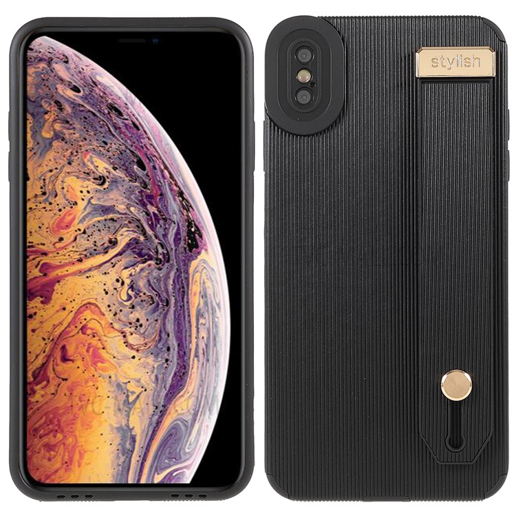 Anti-fall TPU+Microfiber Leather Phone Case Phone Cover with Hand Strap Kickstand for iPhone X/XS 5.8 inch - Black-1