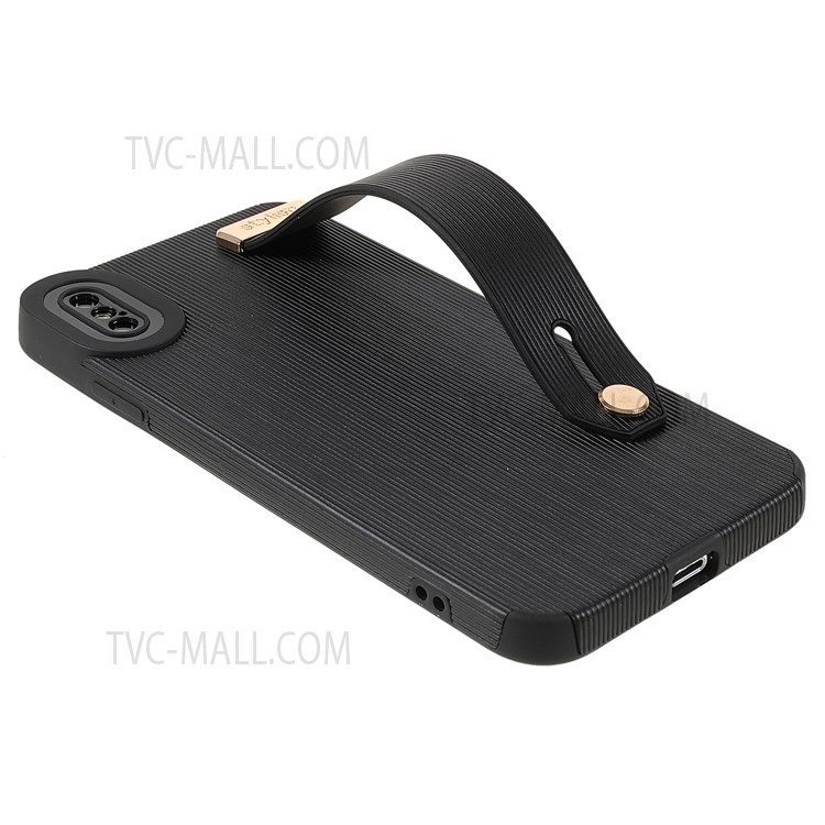 Anti-fall TPU+Microfiber Leather Phone Case Phone Cover with Hand Strap Kickstand for iPhone X/XS 5.8 inch - Black-4