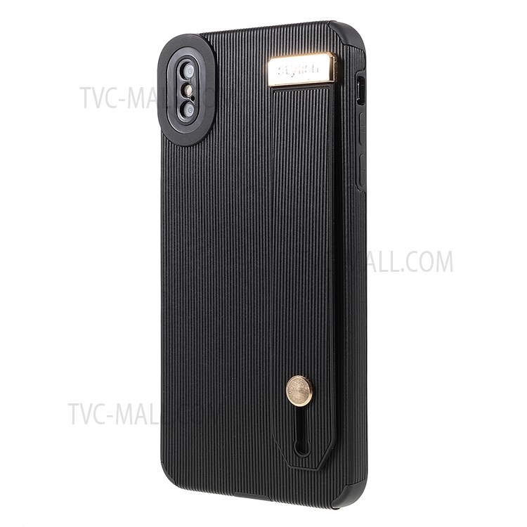 Anti-scratch Flexible TPU+Microfiber Leather Phone Case Phone Cover with Hand Strap Kickstand for iPhone XS Max 6.5 inch - Black-3