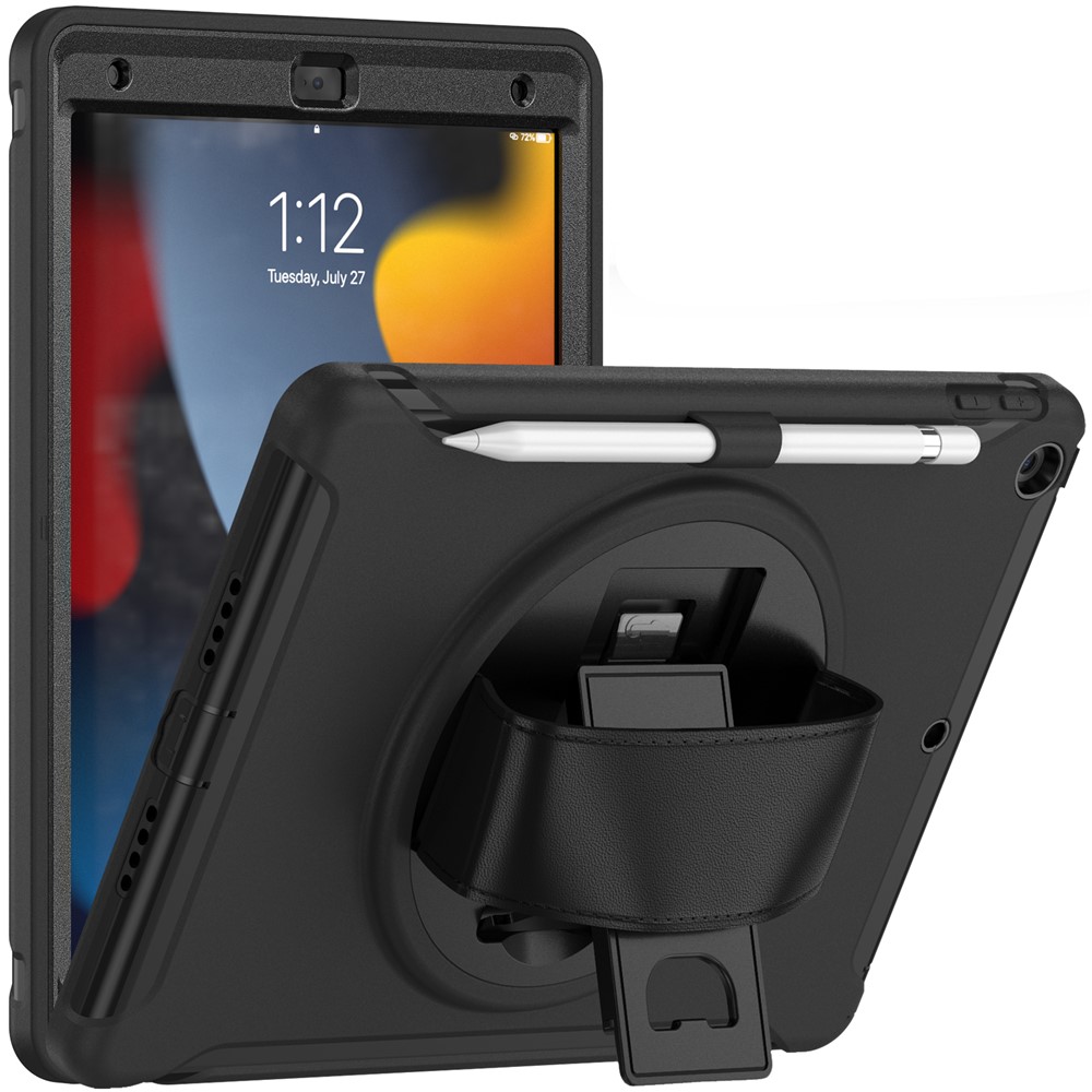 Hidden Kickstand PC + TPU Shockproof Tablet Case Cover with Hand Strap for iPad 10.2 (2021)/(2020)/(2019) - Black