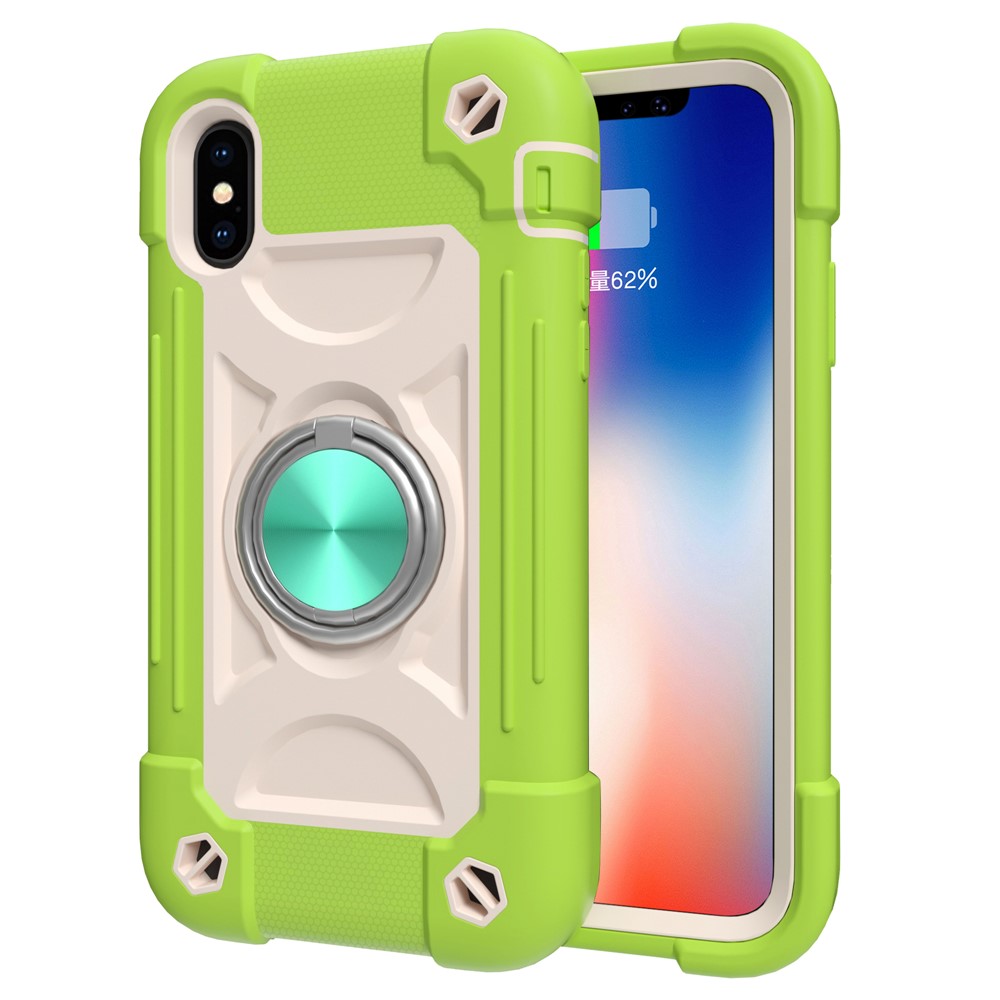 PC + Silicone Cushioned Phone Case 3-in-1 Shock-Absorbed Phone Protector with Built-in Magnetic Metal Plate for iPhone X/XS 5.8 inch - Lime-1