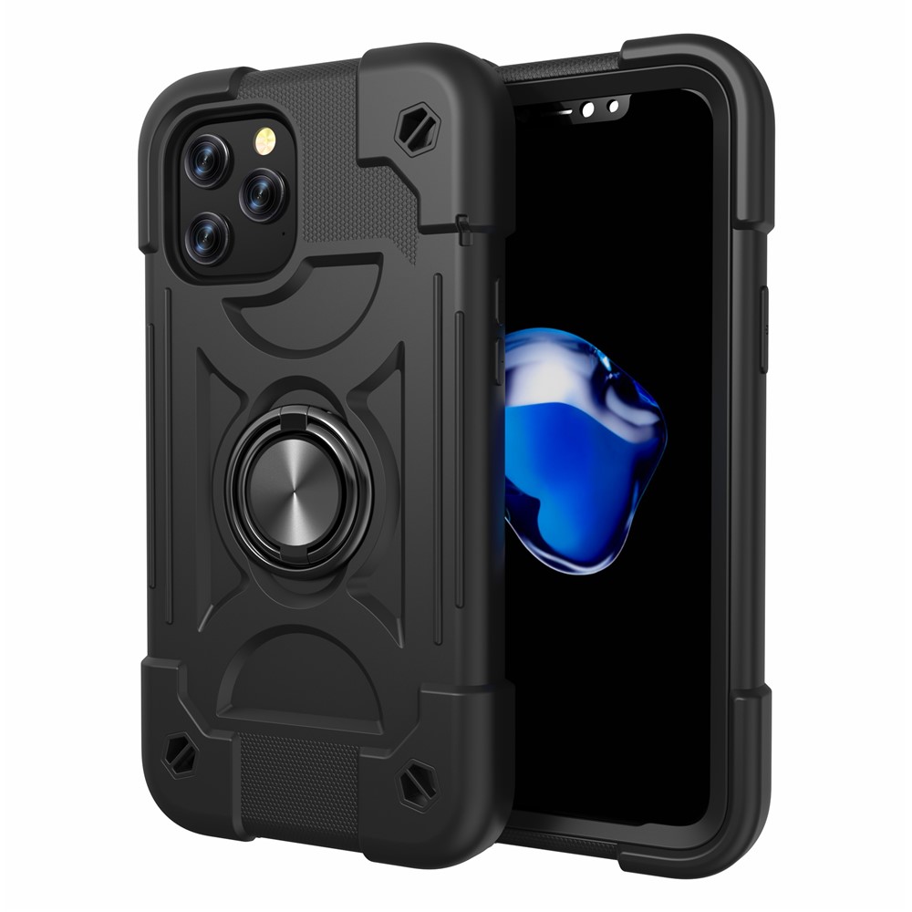 PC + Silicone Phone Case Multi-Color 3-in-1 Built-in Magnetic Metal Plate Phone Protector for iPhone 12 Pro Max 6.7 inch - Black/Black-1