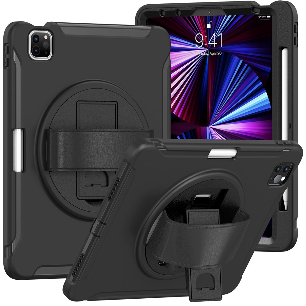 Sangle à Main Design PC + Silicone Anti-fall Tablet Protective Couvercle Couvercle Avec Kickstand Rotary Pour Ipad Pro 11 Pouces (2021) / (2020) / (2018) / Ipad Air (2020) / Air (2022) - le Noir