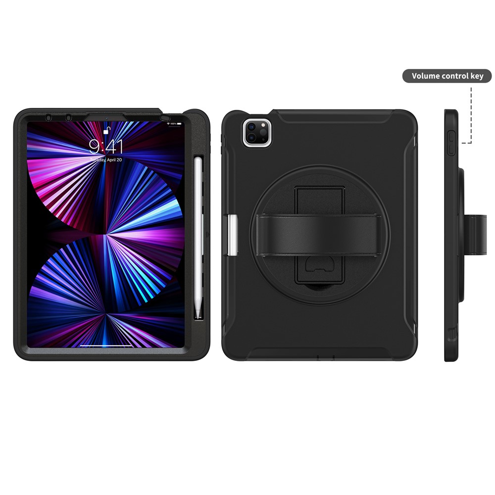 Sangle à Main Design PC + Silicone Anti-fall Tablet Protective Couvercle Couvercle Avec Kickstand Rotary Pour Ipad Pro 11 Pouces (2021) / (2020) / (2018) / Ipad Air (2020) / Air (2022) - le Noir