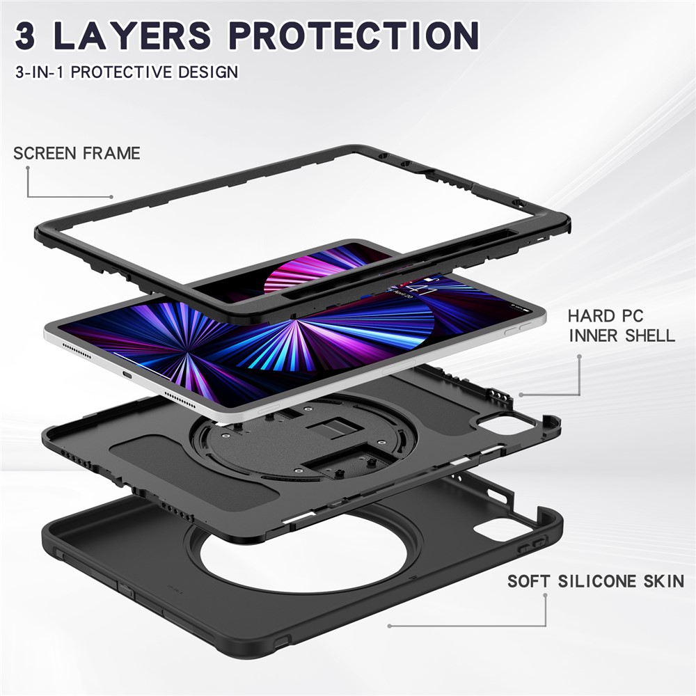 Diseño de Correa de Mano PC + Silicona Anti-fall Tableta Cubierta de Caja Protectora Con Papel de Patada Rotativa Para Ipad Pro 11 Pulgadas (2021)/(2020)/(2018)/iPad Air (2020)/aire (2022) - Negro