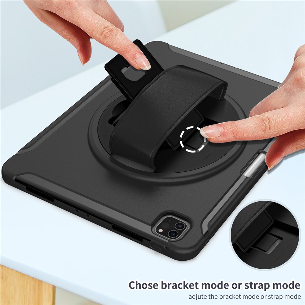 Sangle à Main Design PC + Silicone Anti-fall Tablet Protective Couvercle Couvercle Avec Kickstand Rotary Pour Ipad Pro 11 Pouces (2021) / (2020) / (2018) / Ipad Air (2020) / Air (2022) - le Noir