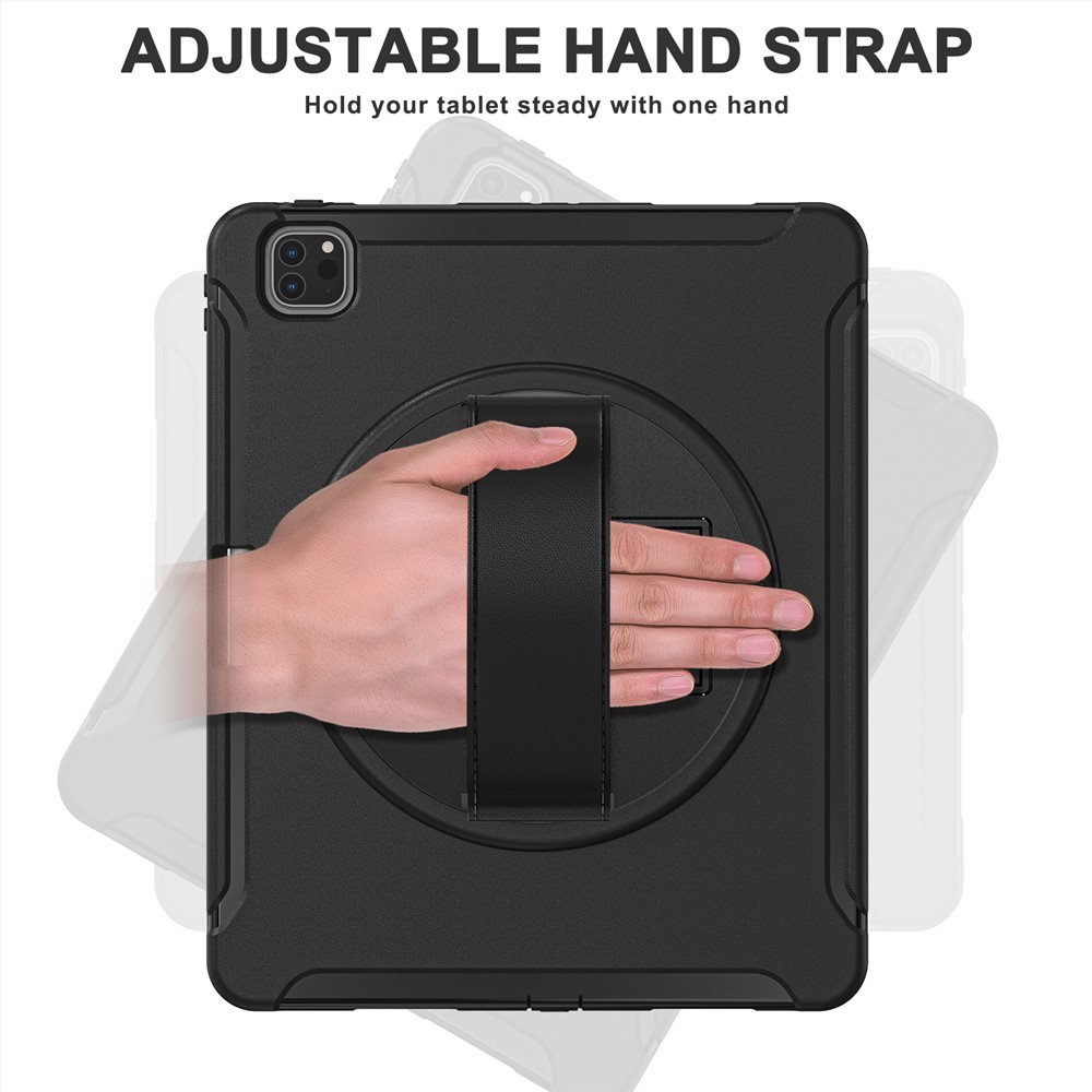 Sangle à Main Design PC + Silicone Anti-fall Tablet Protective Couvercle Couvercle Avec Kickstand Rotary Pour Ipad Pro 11 Pouces (2021) / (2020) / (2018) / Ipad Air (2020) / Air (2022) - le Noir