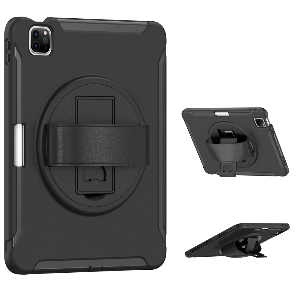 Sangle à Main Design PC + Silicone Anti-fall Tablet Protective Couvercle Couvercle Avec Kickstand Rotary Pour Ipad Pro 11 Pouces (2021) / (2020) / (2018) / Ipad Air (2020) / Air (2022) - le Noir