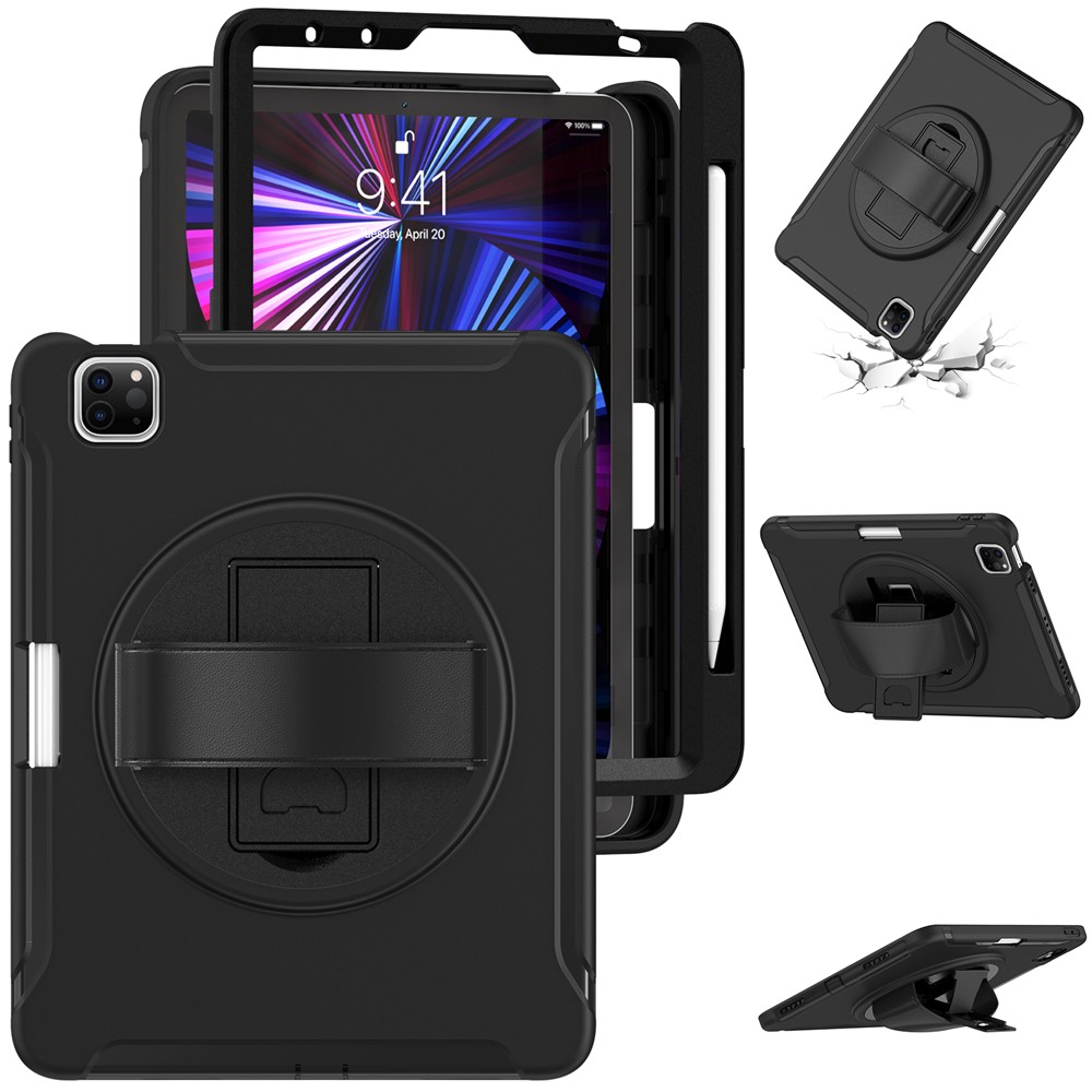 Sangle à Main Design PC + Silicone Anti-fall Tablet Protective Couvercle Couvercle Avec Kickstand Rotary Pour Ipad Pro 11 Pouces (2021) / (2020) / (2018) / Ipad Air (2020) / Air (2022) - le Noir