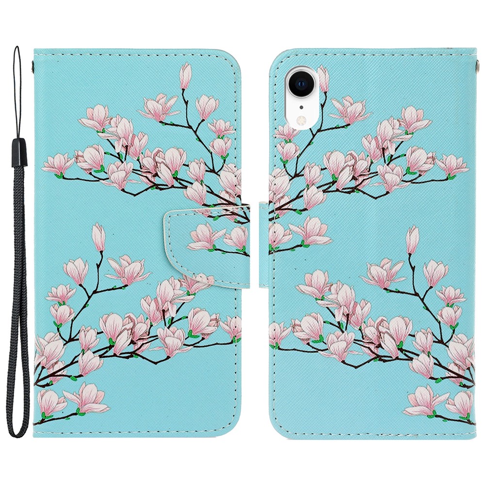 For iPhone XR 6.1 inch Phone Case Stylish Pattern Printing PU Leather Wallet Strong Magnetic Flip Stand Folio Phone Cover with Strap - Pink Flower
