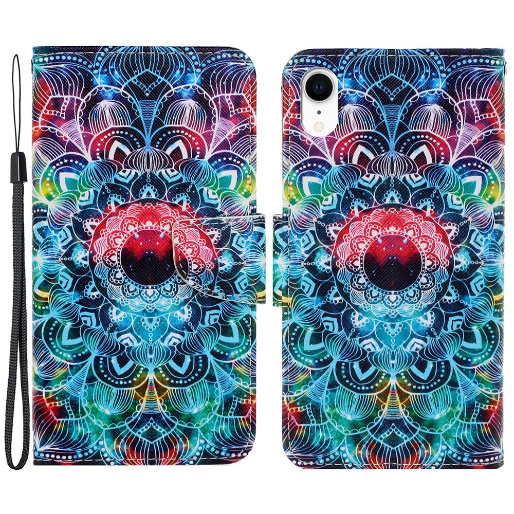 For iPhone XR 6.1 inch Phone Case Stylish Pattern Printing PU Leather Wallet Strong Magnetic Flip Stand Folio Phone Cover with Strap - Mandala Flower
