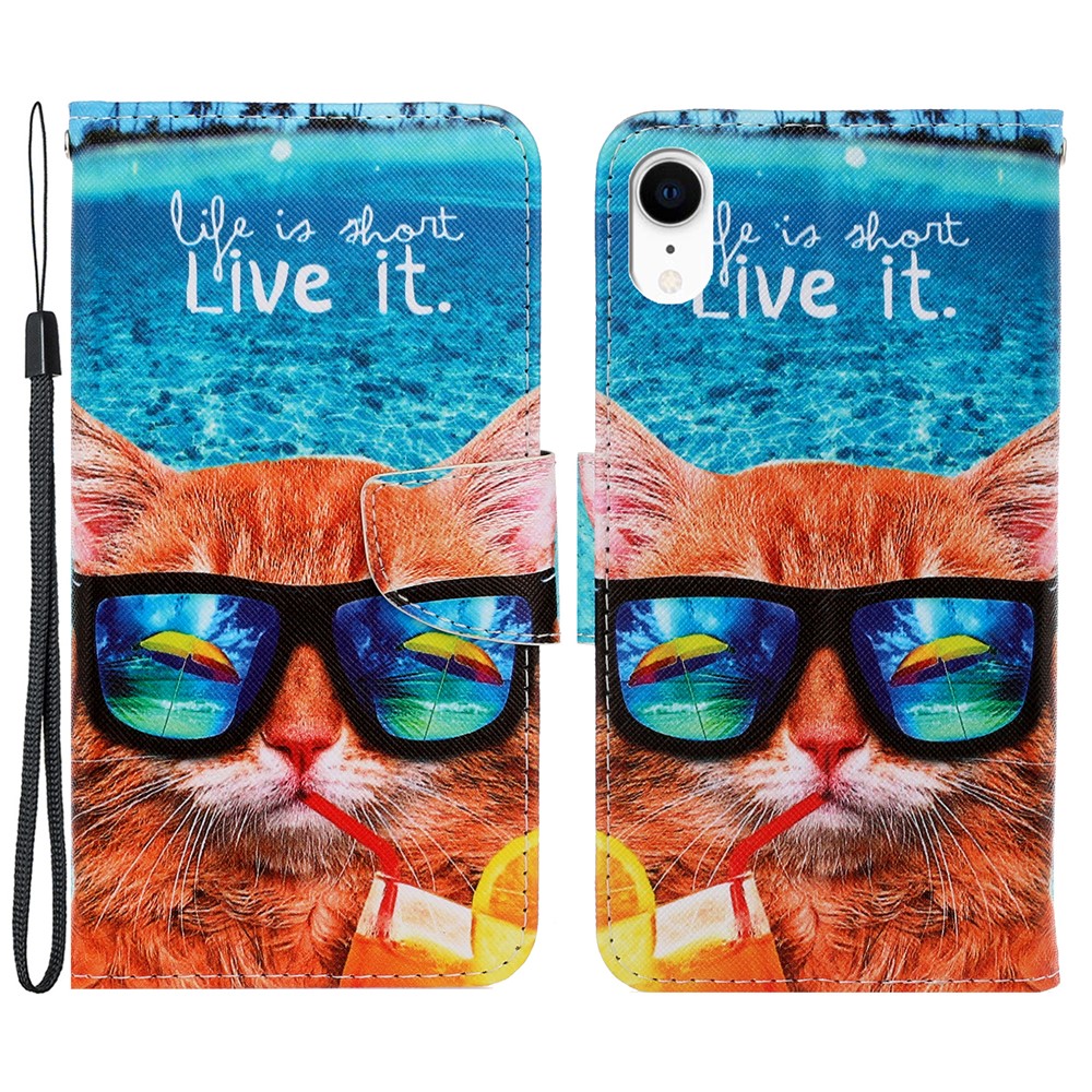For iPhone XR 6.1 inch Phone Case Stylish Pattern Printing PU Leather Wallet Strong Magnetic Flip Stand Folio Phone Cover with Strap - Glasses Cat