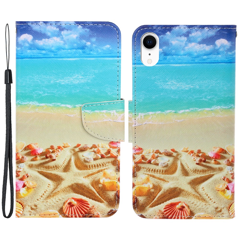 For iPhone XR 6.1 inch Phone Case Stylish Pattern Printing PU Leather Wallet Strong Magnetic Flip Stand Folio Phone Cover with Strap - Sand/Shells