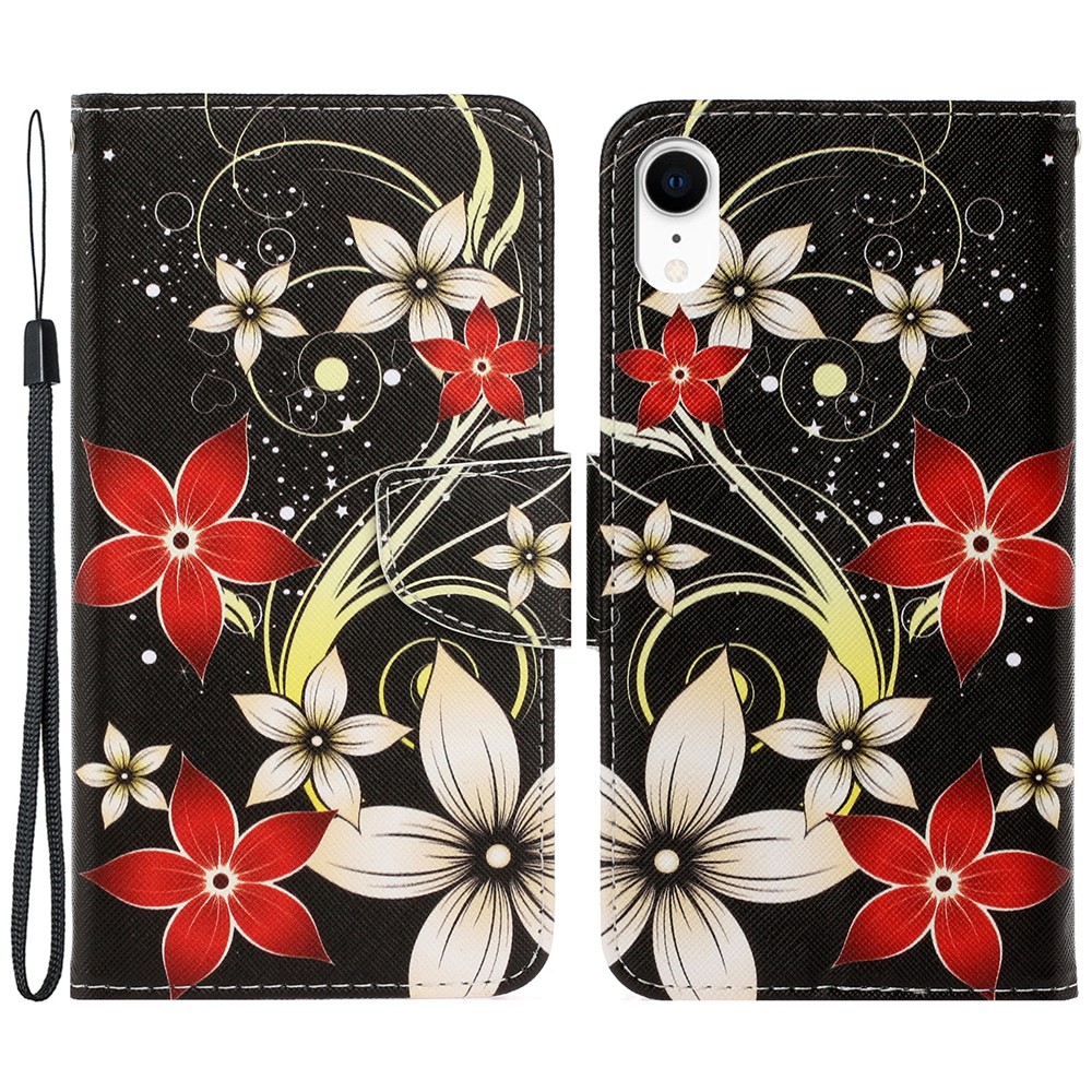 For iPhone XR 6.1 inch Phone Case Stylish Pattern Printing PU Leather Wallet Strong Magnetic Flip Stand Folio Phone Cover with Strap - Red Flower