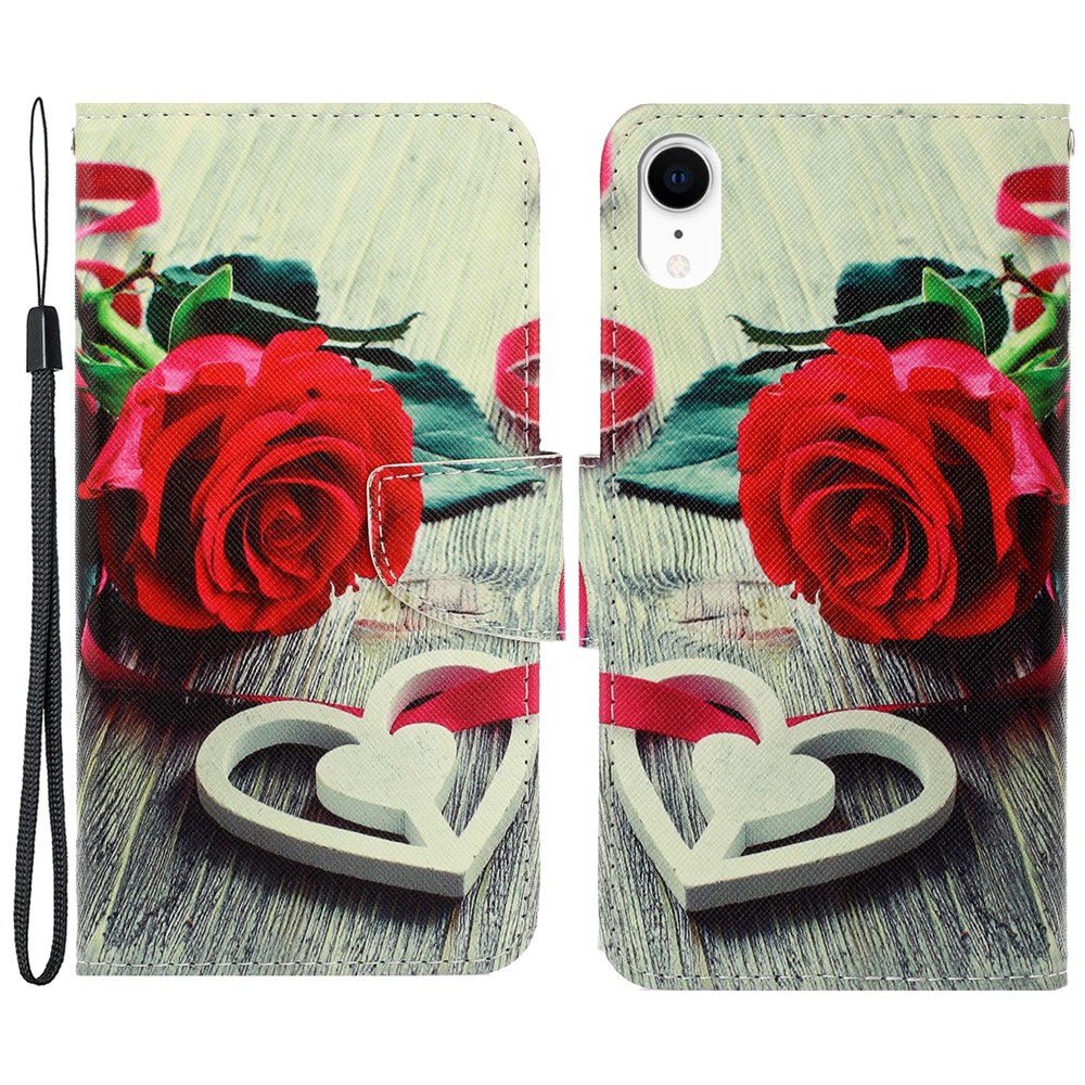 For iPhone XR 6.1 inch Phone Case Stylish Pattern Printing PU Leather Wallet Strong Magnetic Flip Stand Folio Phone Cover with Strap - Rose