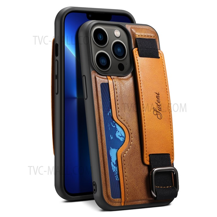 SUTENI H13 PU Leather Coated PC Cover with Card Holders and Hand Band Kickstand for iPhone 13 Pro Max 6.7 inch - Brown-2