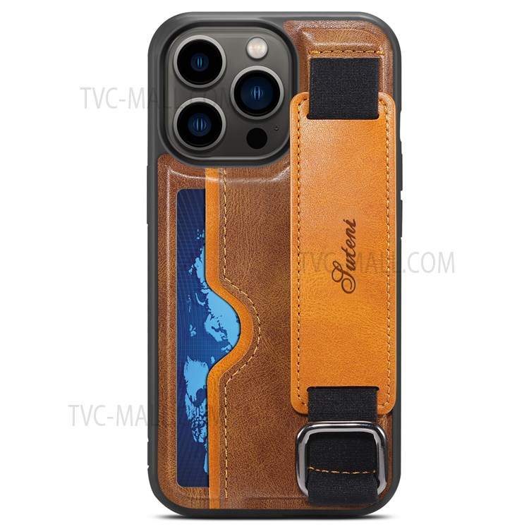 SUTENI H13 PU Leather Coated PC Cover with Card Holders and Hand Band Kickstand for iPhone 13 Pro Max 6.7 inch - Brown-3