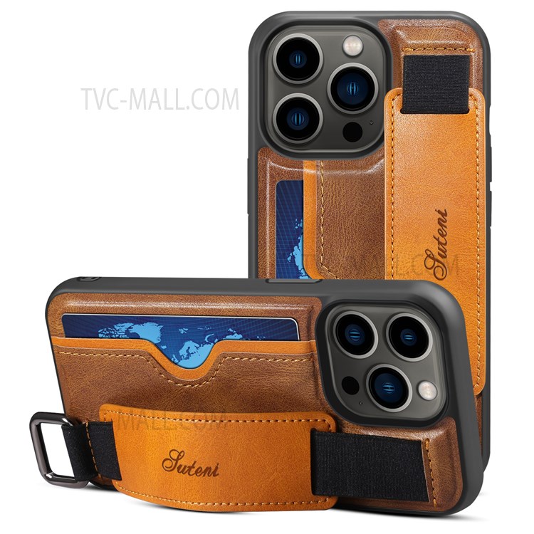 SUTENI H13 PU Leather Coated PC Cover Card Holders and Hand Band Kickstand Design with Hanging Ring for iPhone 13 Pro 6.1 inch - Brown-1
