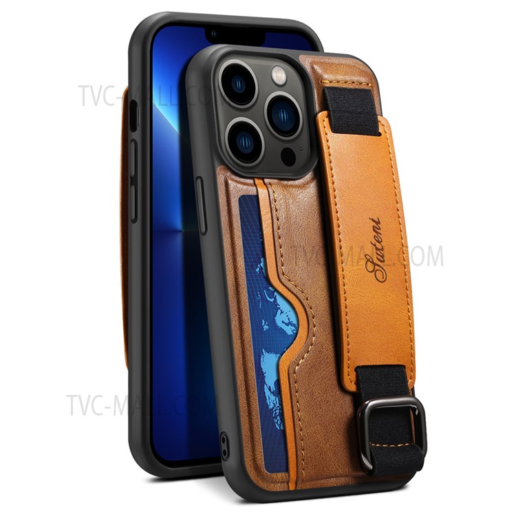 SUTENI H13 PU Leather Coated PC Cover Card Holders and Hand Band Kickstand Design with Hanging Ring for iPhone 13 Pro 6.1 inch - Brown-2