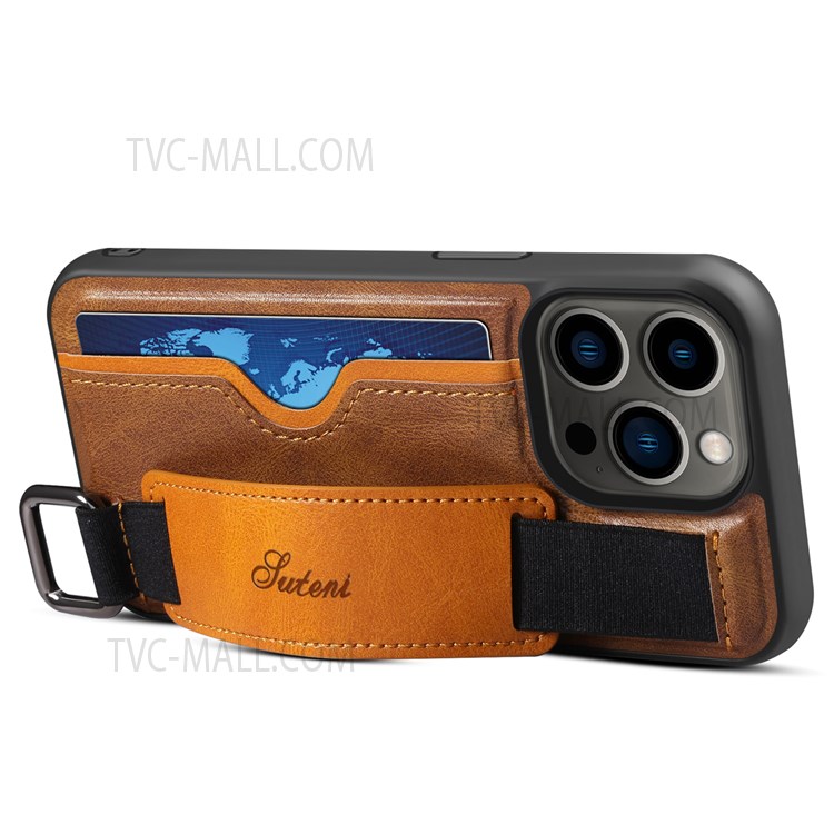 SUTENI H13 PU Leather Coated PC Cover Card Holders and Hand Band Kickstand Design with Hanging Ring for iPhone 13 Pro 6.1 inch - Brown-4