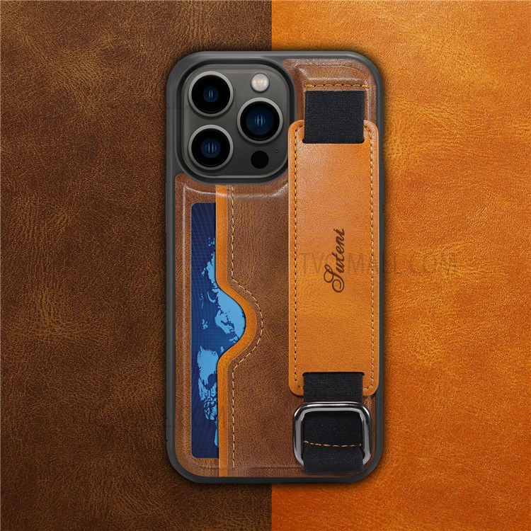 SUTENI H13 PU Leather Coated PC Cover Card Holders and Hand Band Kickstand Design with Hanging Ring for iPhone 13 Pro 6.1 inch - Brown-5