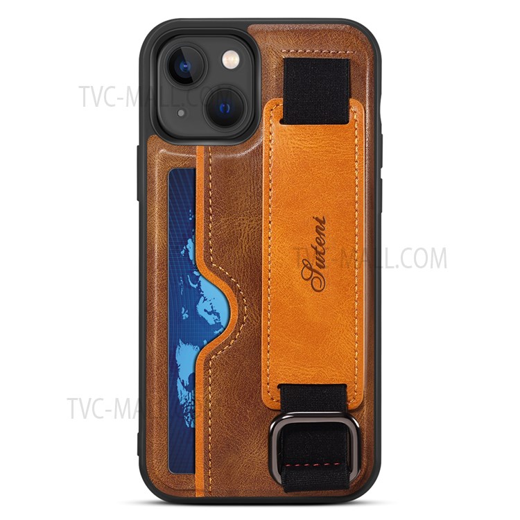 SUTENI H13 PU Leather Coated PC Cover Card Holders and Hand Band Kickstand Design Anti-Impact Phone Case for iPhone 13 6.1 inch - Brown-3
