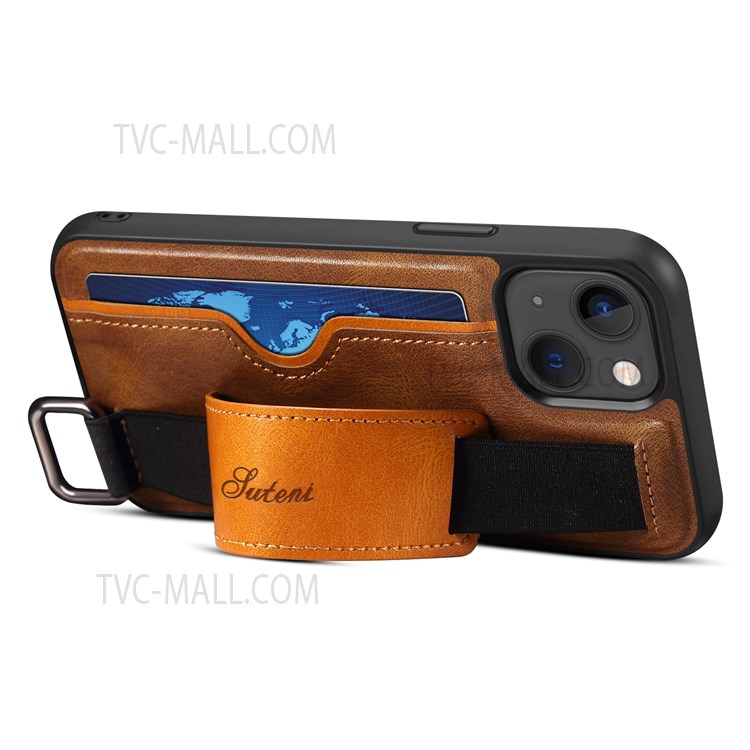 SUTENI H13 PU Leather Coated PC Cover Card Holders and Hand Band Kickstand Design Anti-Impact Phone Case for iPhone 13 6.1 inch - Brown-4