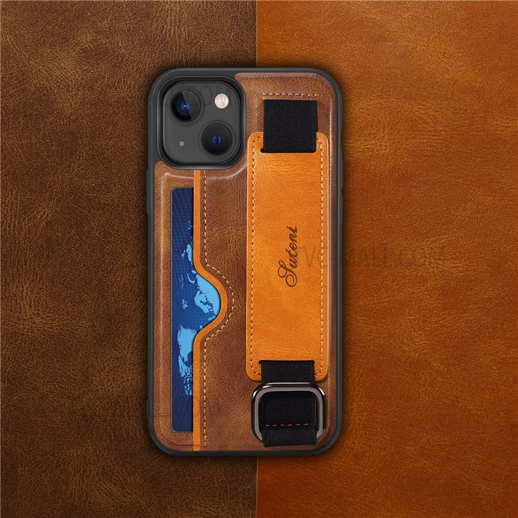 SUTENI H13 PU Leather Coated PC Cover Card Holders and Hand Band Kickstand Design Anti-Impact Phone Case for iPhone 13 6.1 inch - Brown-5