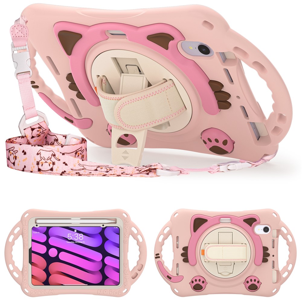 PC + Silicone Hybrid Cover Hand Band Design with Shoulder Strap and 360-Degree Rotary Kickstand Tablet Case for iPad mini (2021) - Pink-1