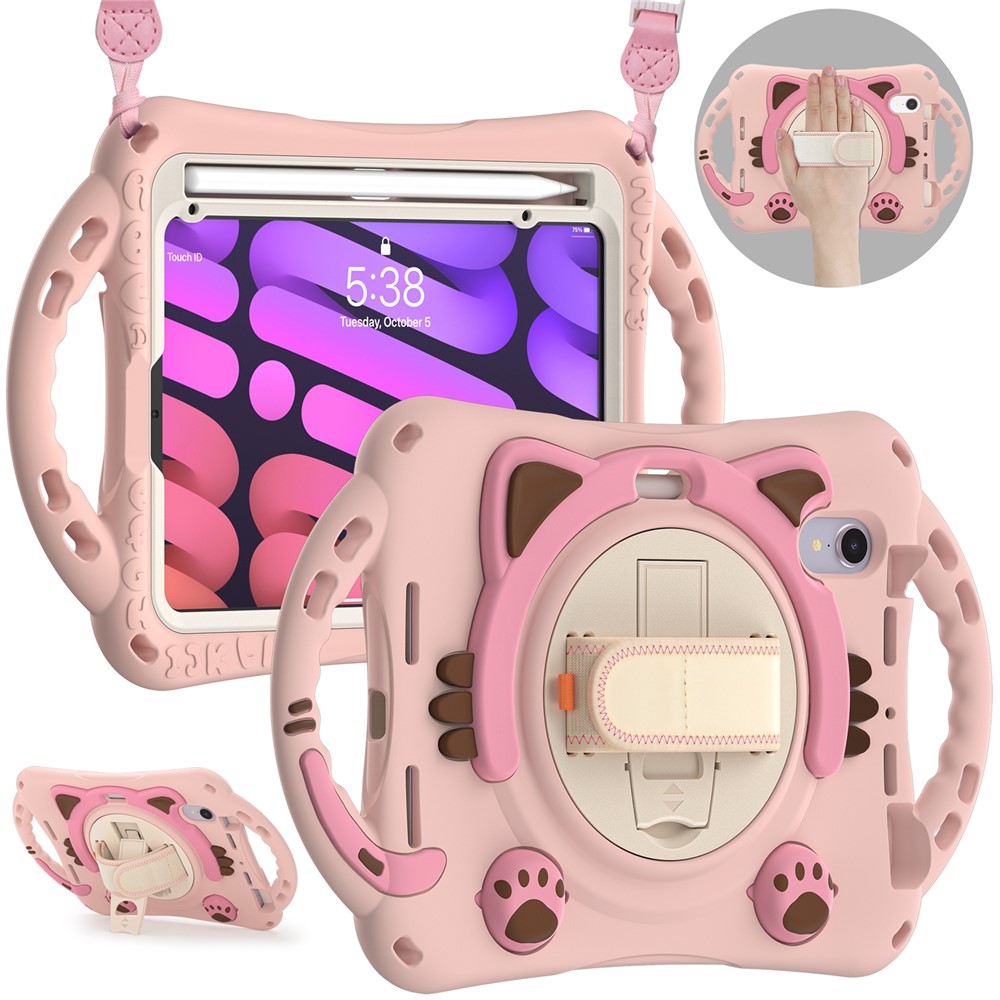 PC + Silicone Hybrid Cover Hand Band Design with Shoulder Strap and 360-Degree Rotary Kickstand Tablet Case for iPad mini (2021) - Pink-3