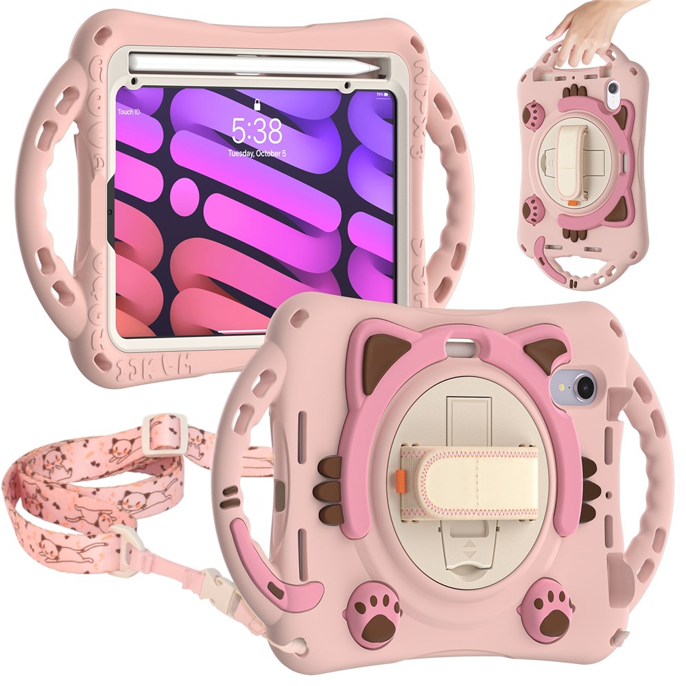 PC + Silicone Hybrid Cover Hand Band Design with Shoulder Strap and 360-Degree Rotary Kickstand Tablet Case for iPad mini (2021) - Pink-4