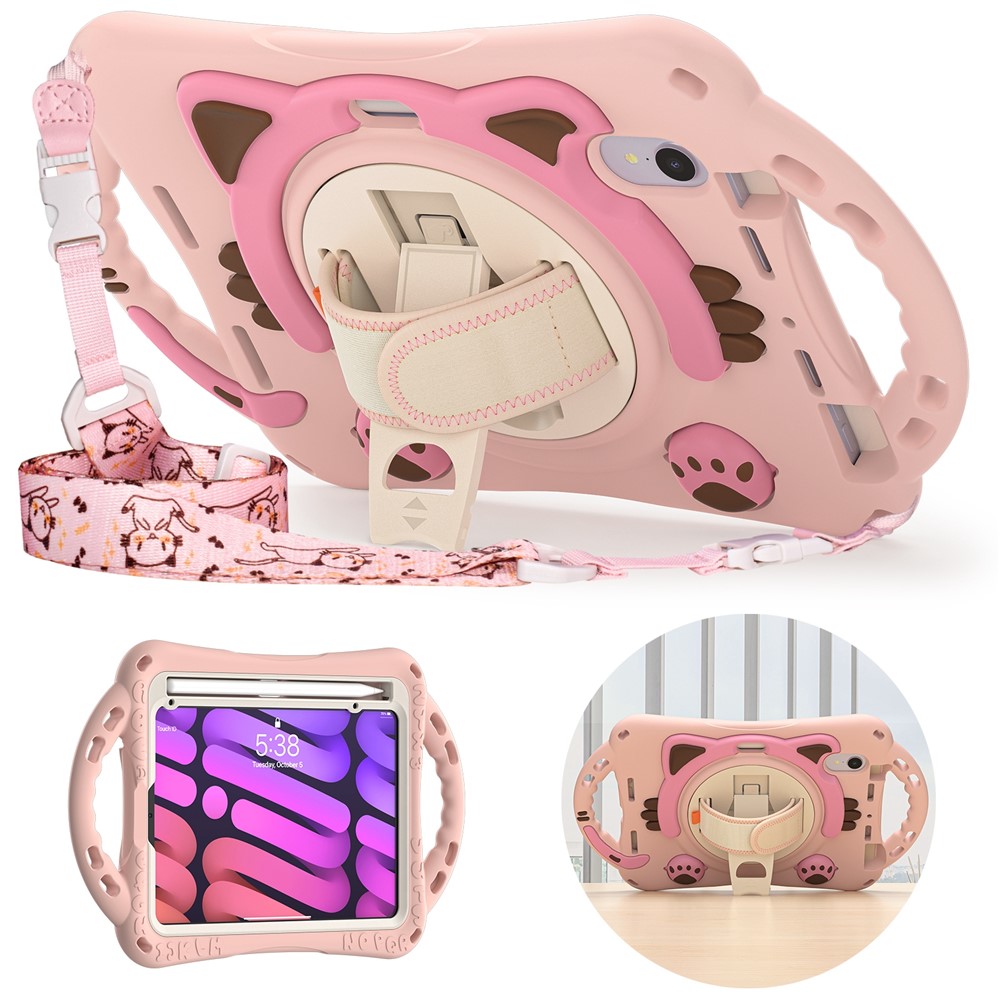 PC + Silicone Hybrid Cover Hand Band Design with Shoulder Strap and 360-Degree Rotary Kickstand Tablet Case for iPad mini (2021) - Pink-7
