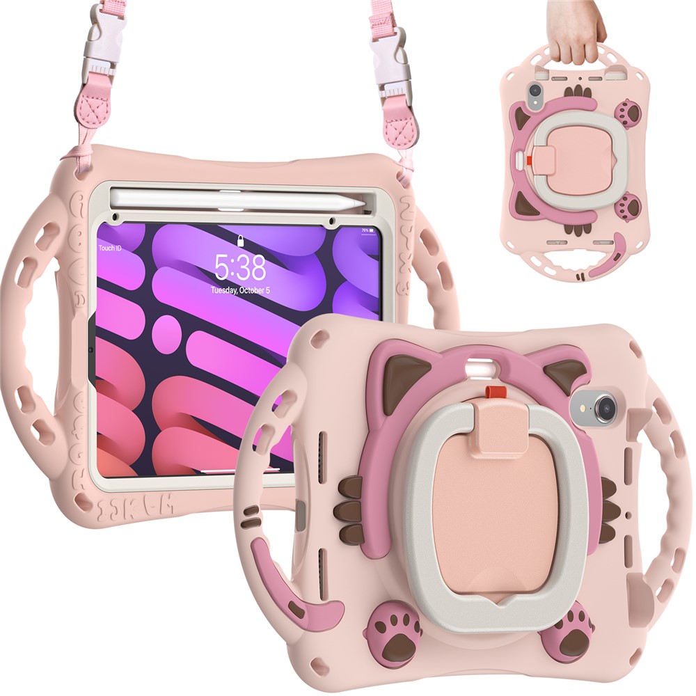 Silicone + PC Tablet Cover with Shoulder Strap 360-Degree Rotary Kickstand Anti-Drop and Anti-Impact Tablet Protective Case for iPad mini (2021) - Pink-2