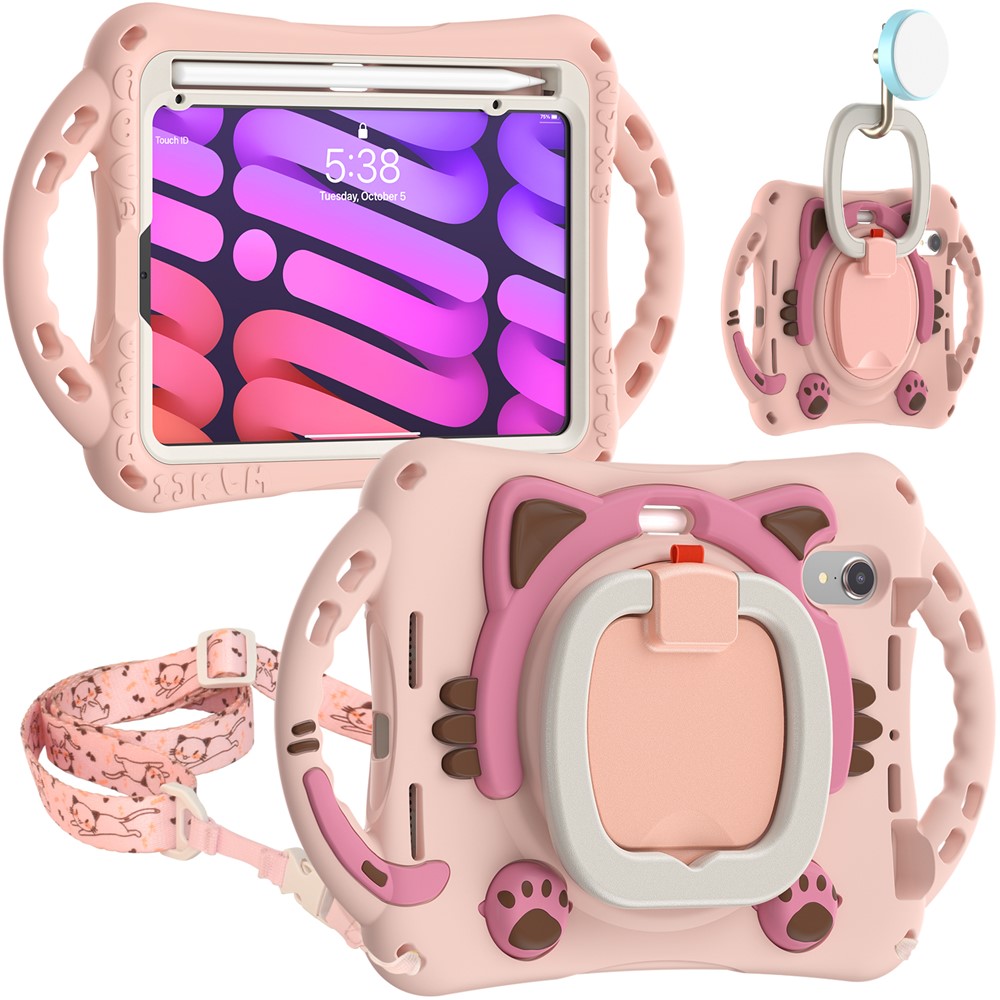 Silicone + PC Tablet Cover with Shoulder Strap 360-Degree Rotary Kickstand Anti-Drop and Anti-Impact Tablet Protective Case for iPad mini (2021) - Pink-3
