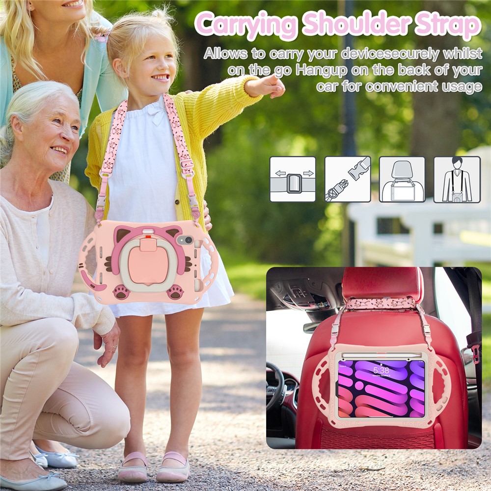 Silicone + PC Tablet Cover with Shoulder Strap 360-Degree Rotary Kickstand Anti-Drop and Anti-Impact Tablet Protective Case for iPad mini (2021) - Pink-5