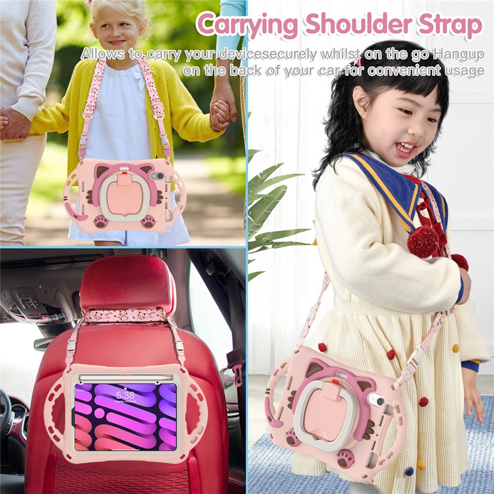 Silicone + PC Tablet Cover with Shoulder Strap 360-Degree Rotary Kickstand Anti-Drop and Anti-Impact Tablet Protective Case for iPad mini (2021) - Pink-6