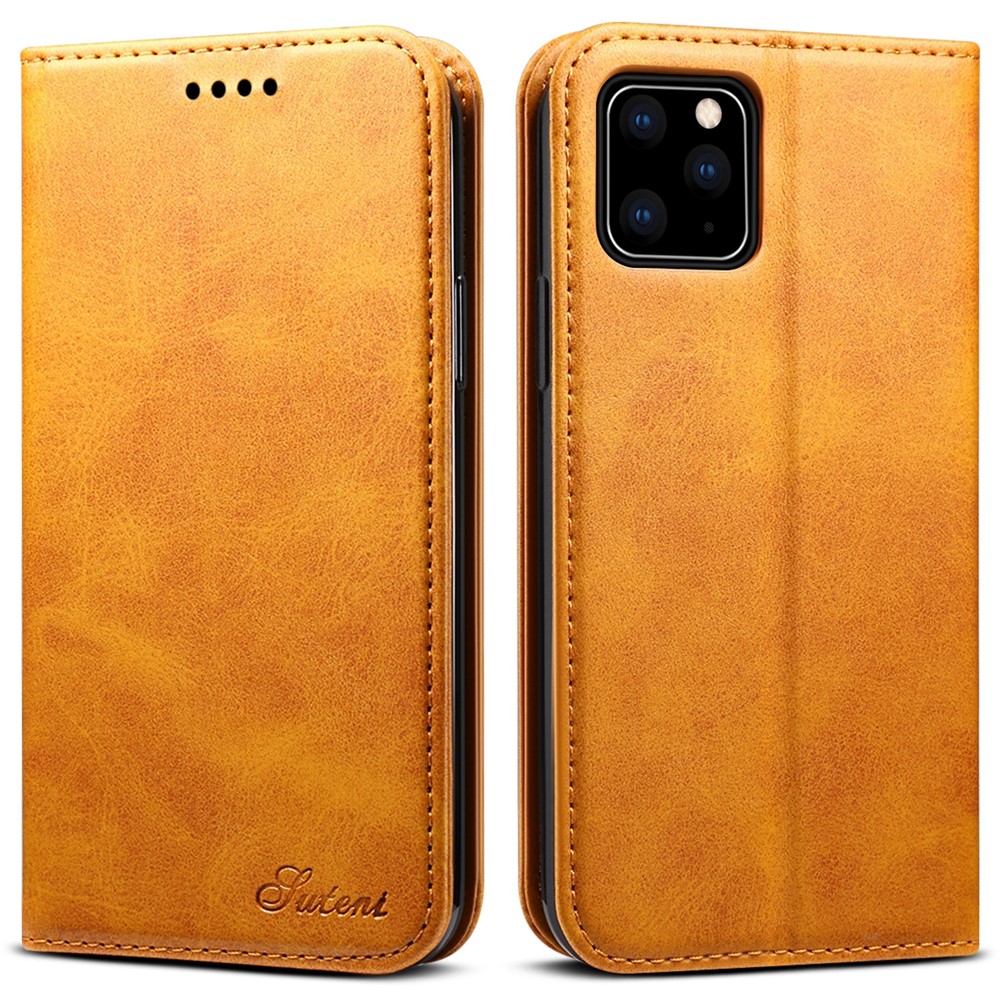 SUTENI Shockproof Drop-proof Textured Surface Magnetic Automatic Closing Wallet Flip Leather Case with Stand for iPhone 11 Pro Max 6.5 inch - Khaki