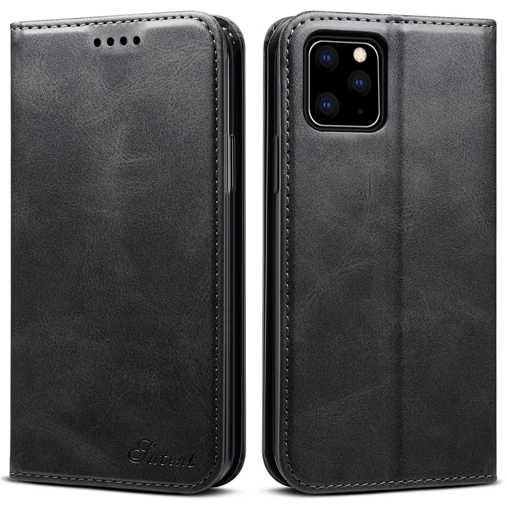 SUTENI Shockproof Drop-proof Textured Surface Magnetic Automatic Closing Wallet Flip Leather Case with Stand for iPhone 11 Pro Max 6.5 inch - Black