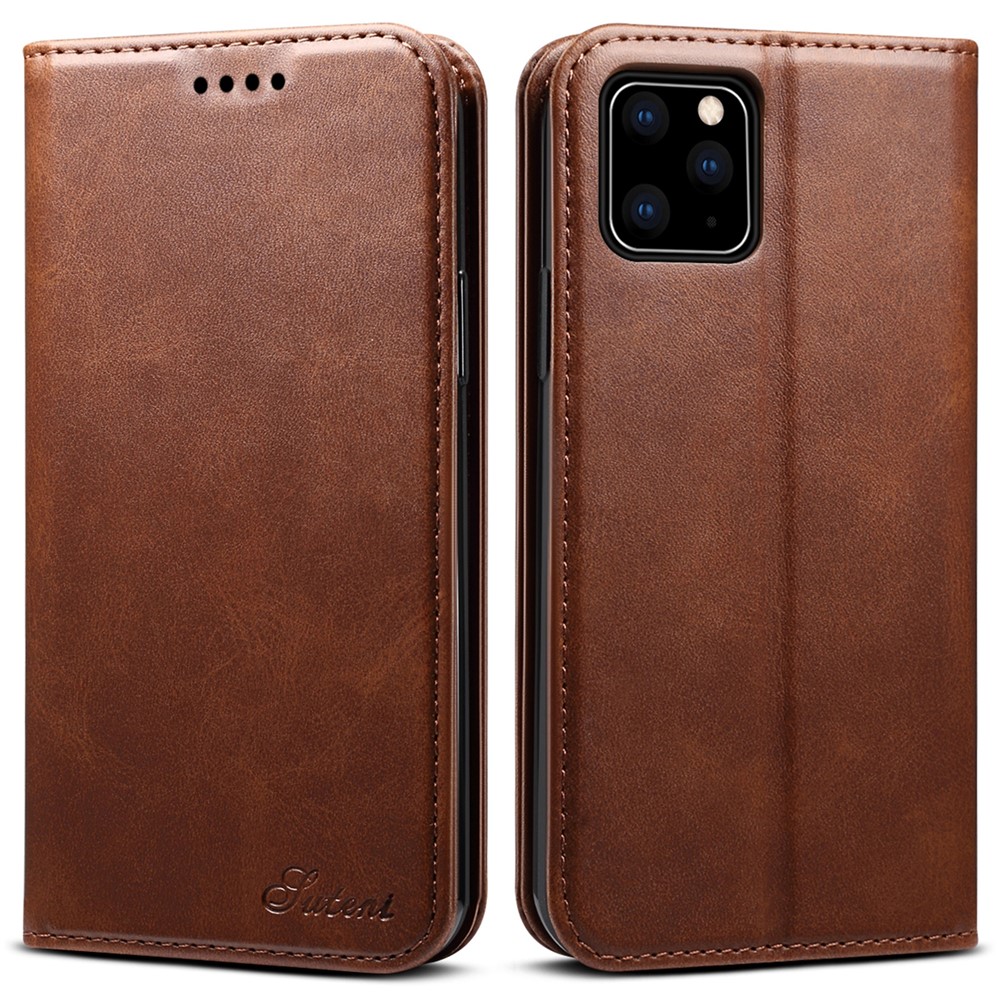 SUTENI Shockproof Drop-proof Textured Surface Magnetic Automatic Closing Wallet Flip Leather Case with Stand for iPhone 11 Pro Max 6.5 inch - Brown